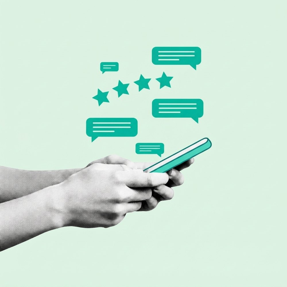 Avaliações com estrelas saindo do celular