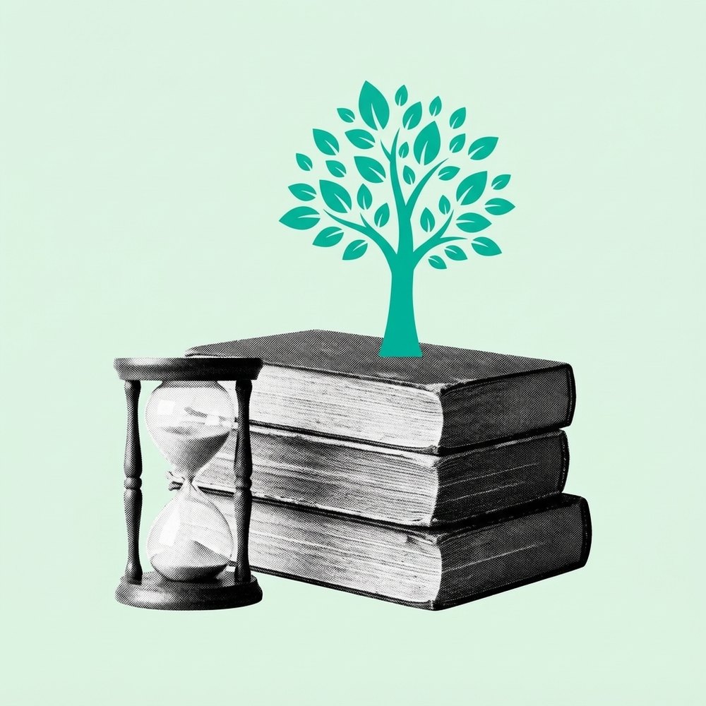 Livros antigos, ampulheta e uma árvore crescendo