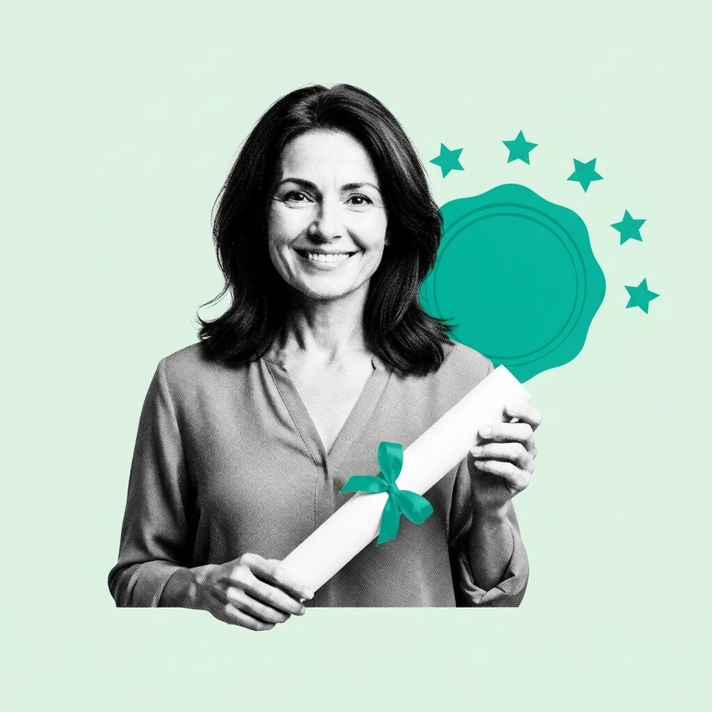 Aluna sorrindo com certificado