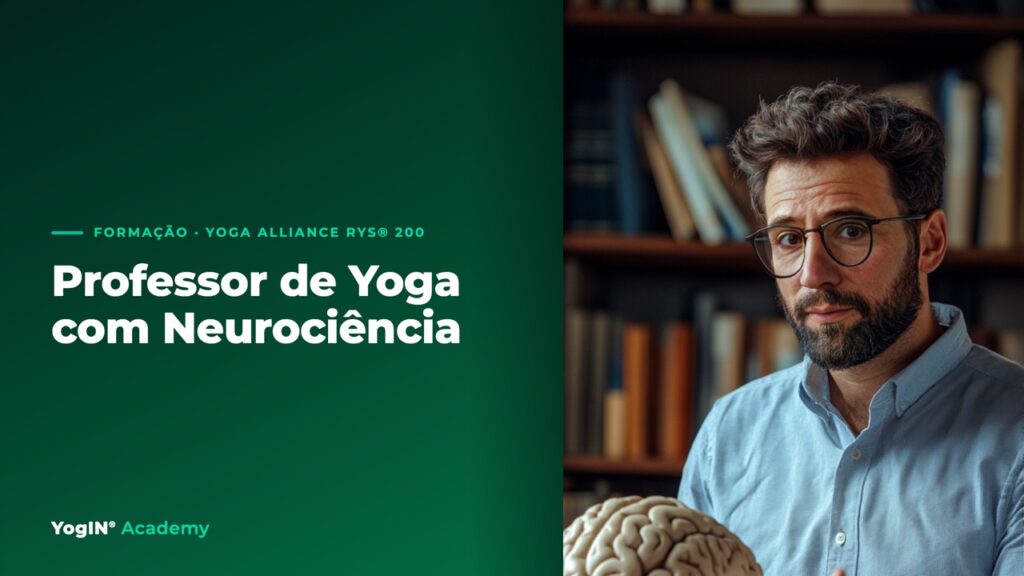 Banner da Formação Professor de Yoga com Neurociência, Daniel De Nardi ao lado de um modelo de cérebro