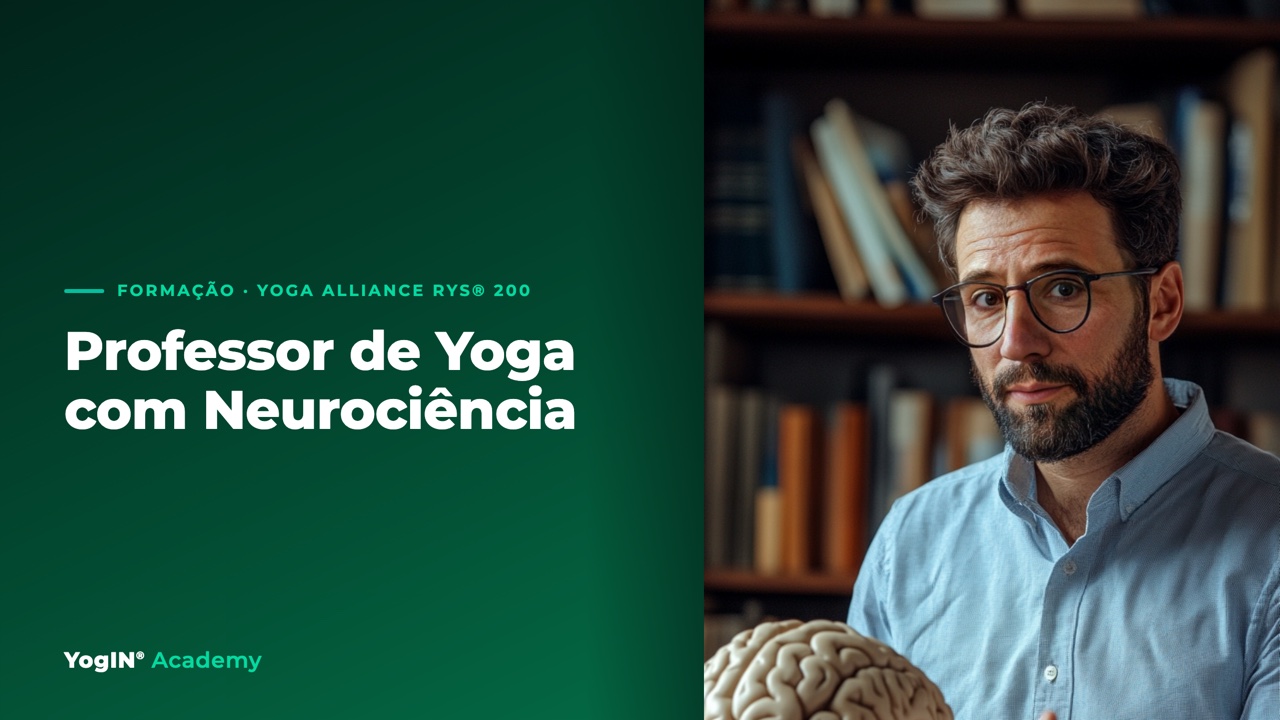 Banner da Formação Professor de Yoga com Neurociência, Daniel De Nardi ao lado de um modelo de cérebro