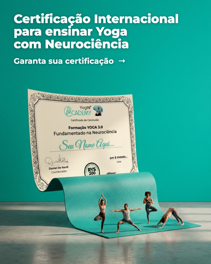 Arte da Certificação Internacional para ensinar Yoga com Neurociência, com o certificado da YogIN® Academy