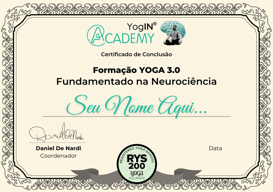 Certificado de conclusão da Formação com o selo Yoga Alliance RYS&reg; 200
