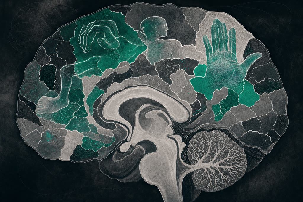 Ilustração do córtex cerebral como um mapa de territórios em disputa, com o corpo projetado sobre a superfície do cérebro