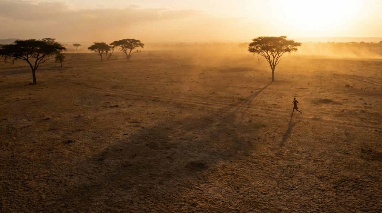 Corredor solitário cruzando a savana africana ao entardecer