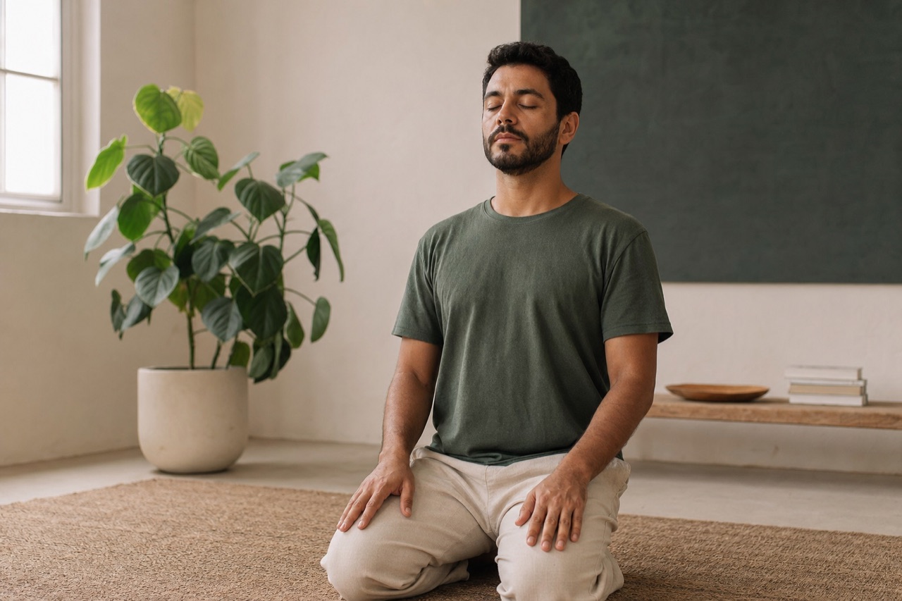 Homem em meditação sentado, mãos sobre os joelhos, em ambiente iluminado e calmo