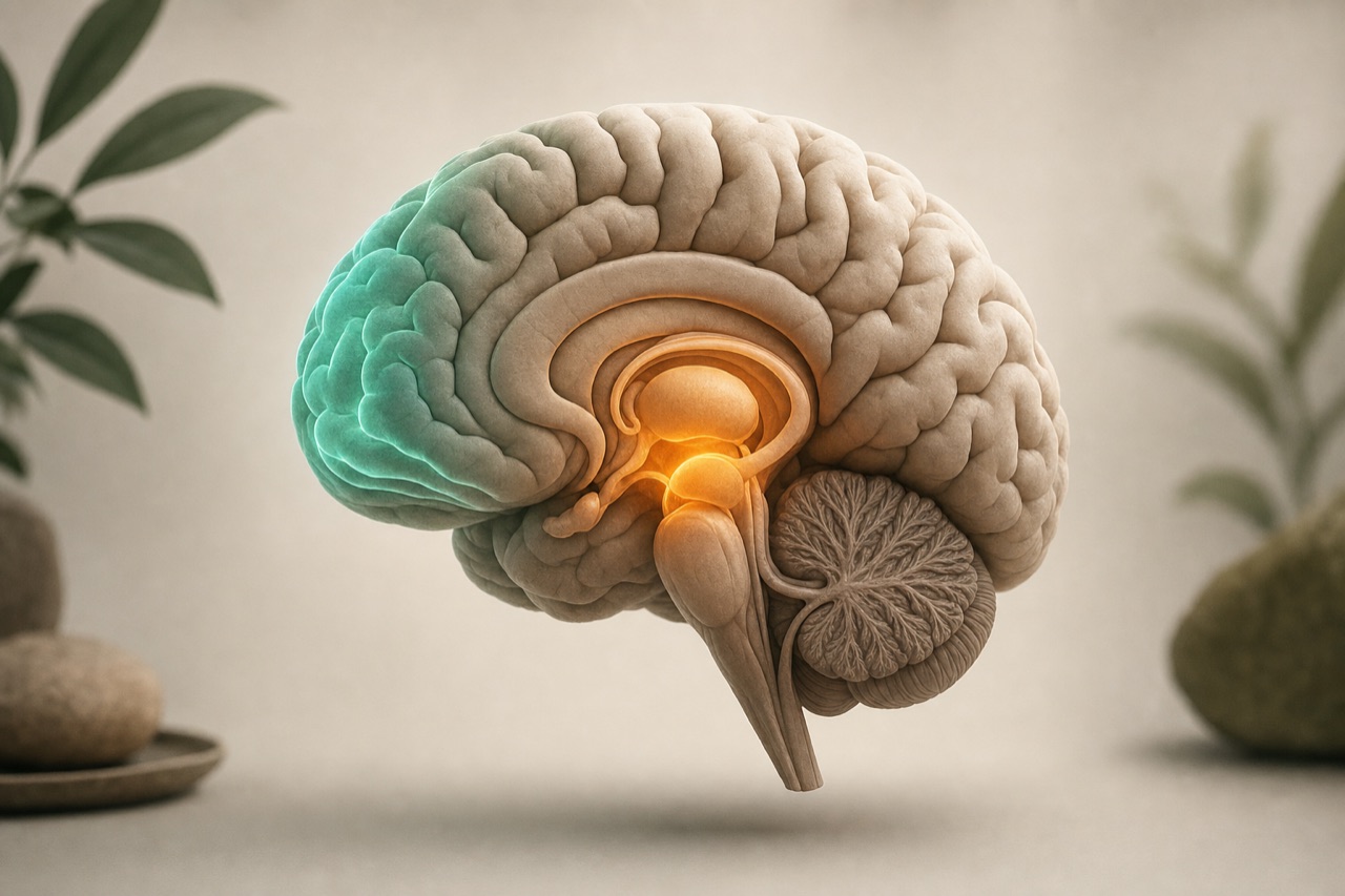 Ilustração de cérebro humano destacando córtex pré-frontal e sistema límbico