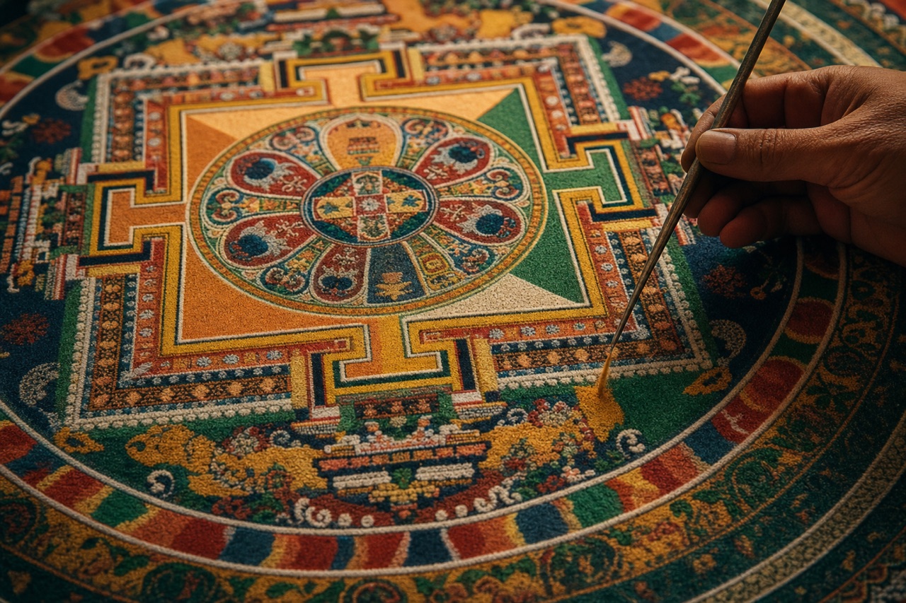 Mandala de areia colorida sendo construída, com padrões geométricos concêntricos