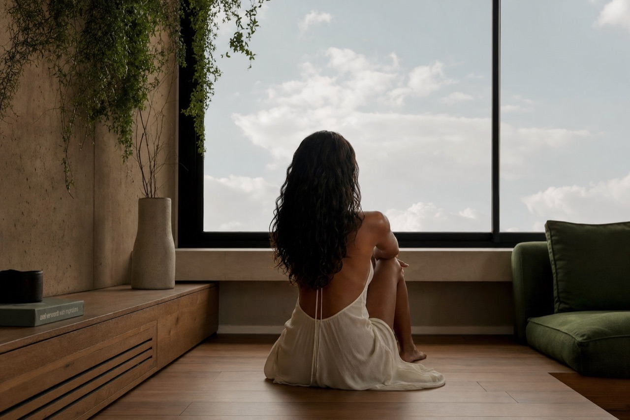 Pessoa sentada de costas observando o céu com nuvens por uma grande janela