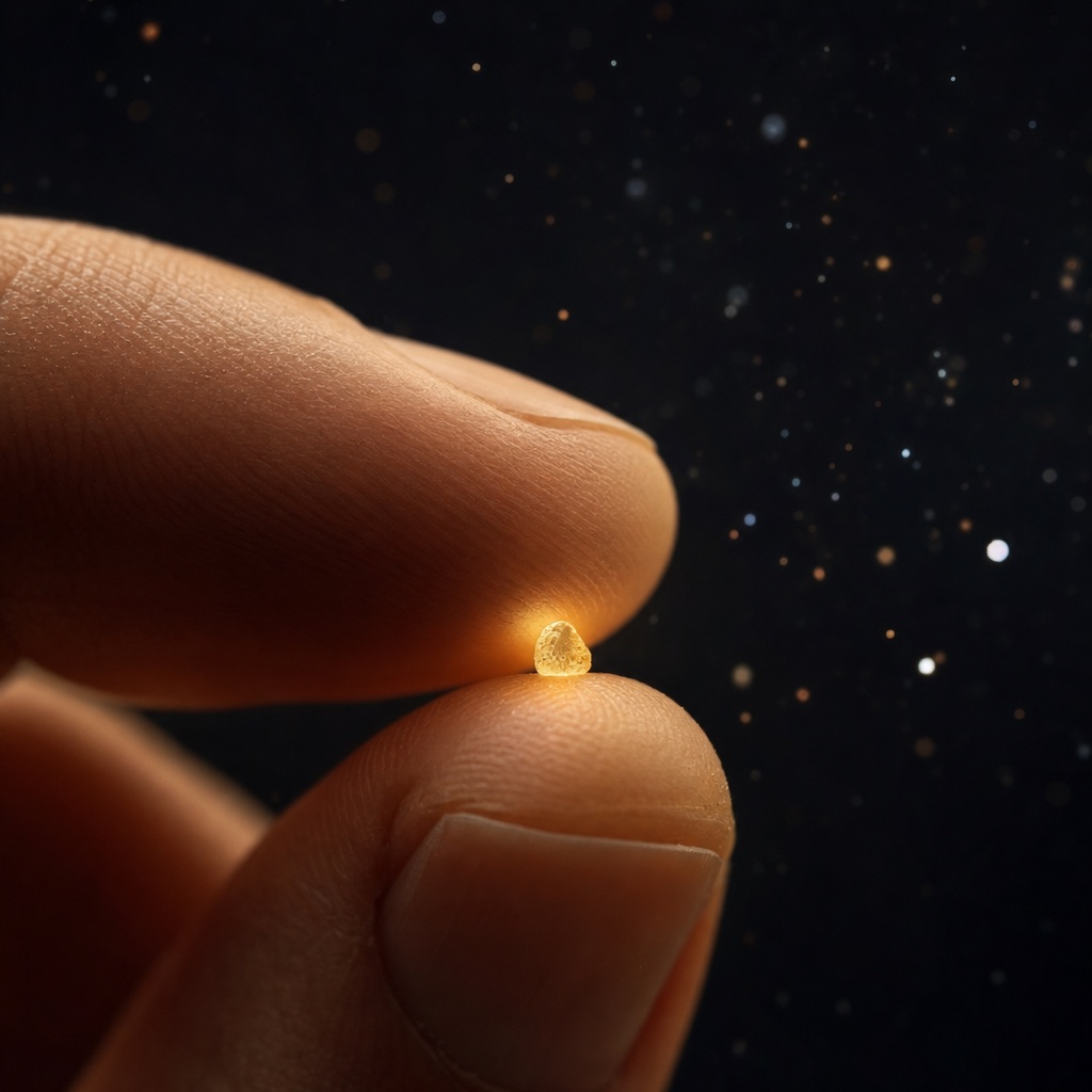 Dedos segurando um pequeno ponto de luz, evocando a sensação localizada no corpo