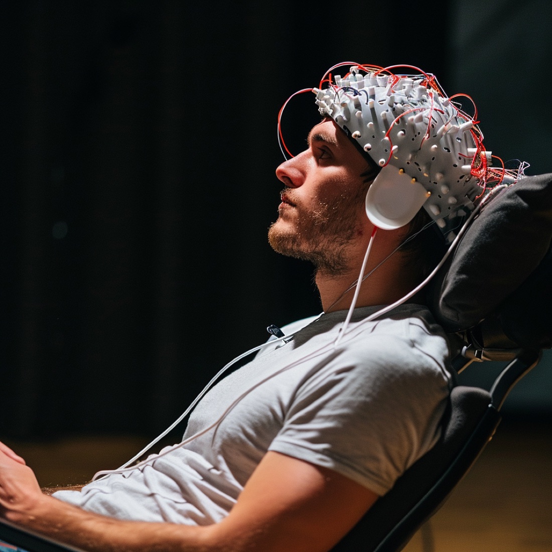 Pessoa em sessão de medição da atividade cerebral, conectando prática contemplativa e Neurociência