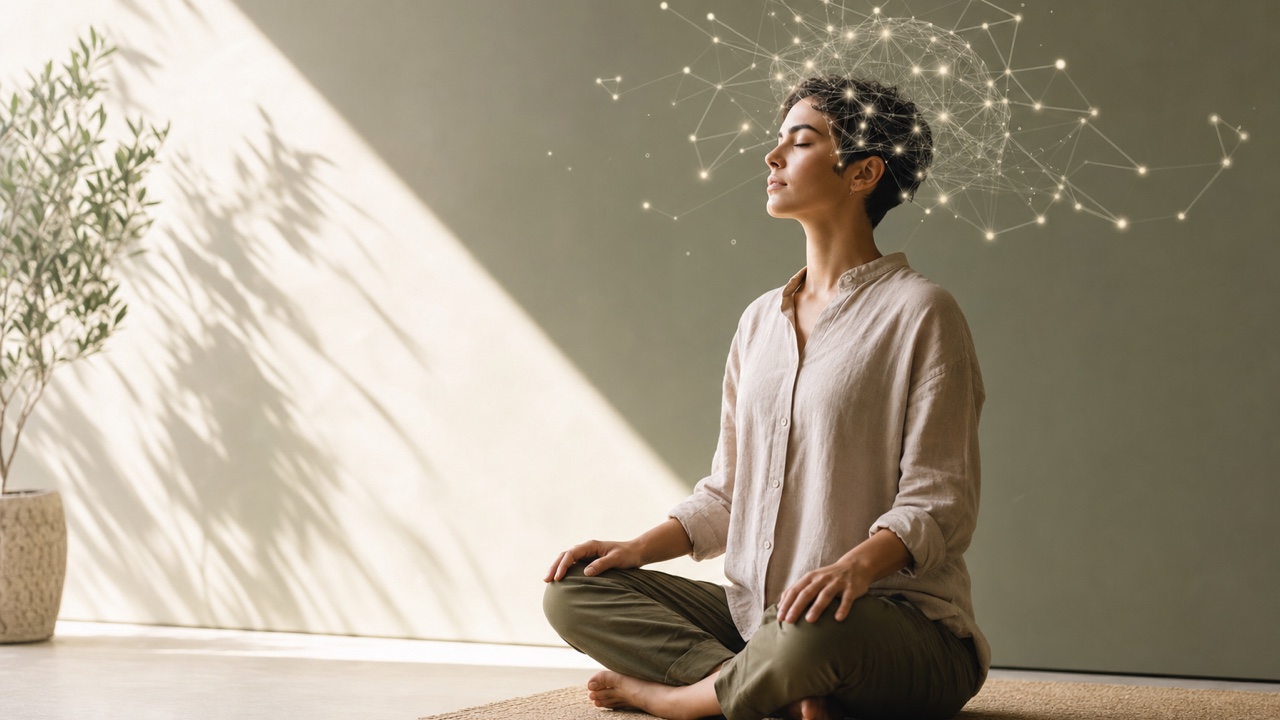 Pessoa meditando com representação de rede neural sobre a cabeça — atenção plena