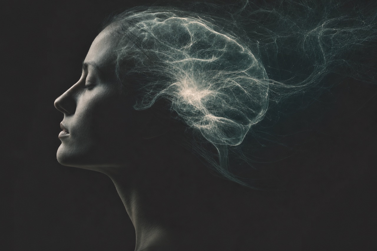 Perfil humano dissolvido em um cérebro luminoso, ilustrando a Filosofia da Mente