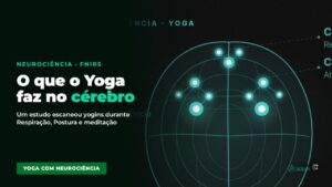 Mapa do córtex pré-frontal sobre uma cabeça, ilustrando estudo de fNIRS sobre Yoga e cérebro