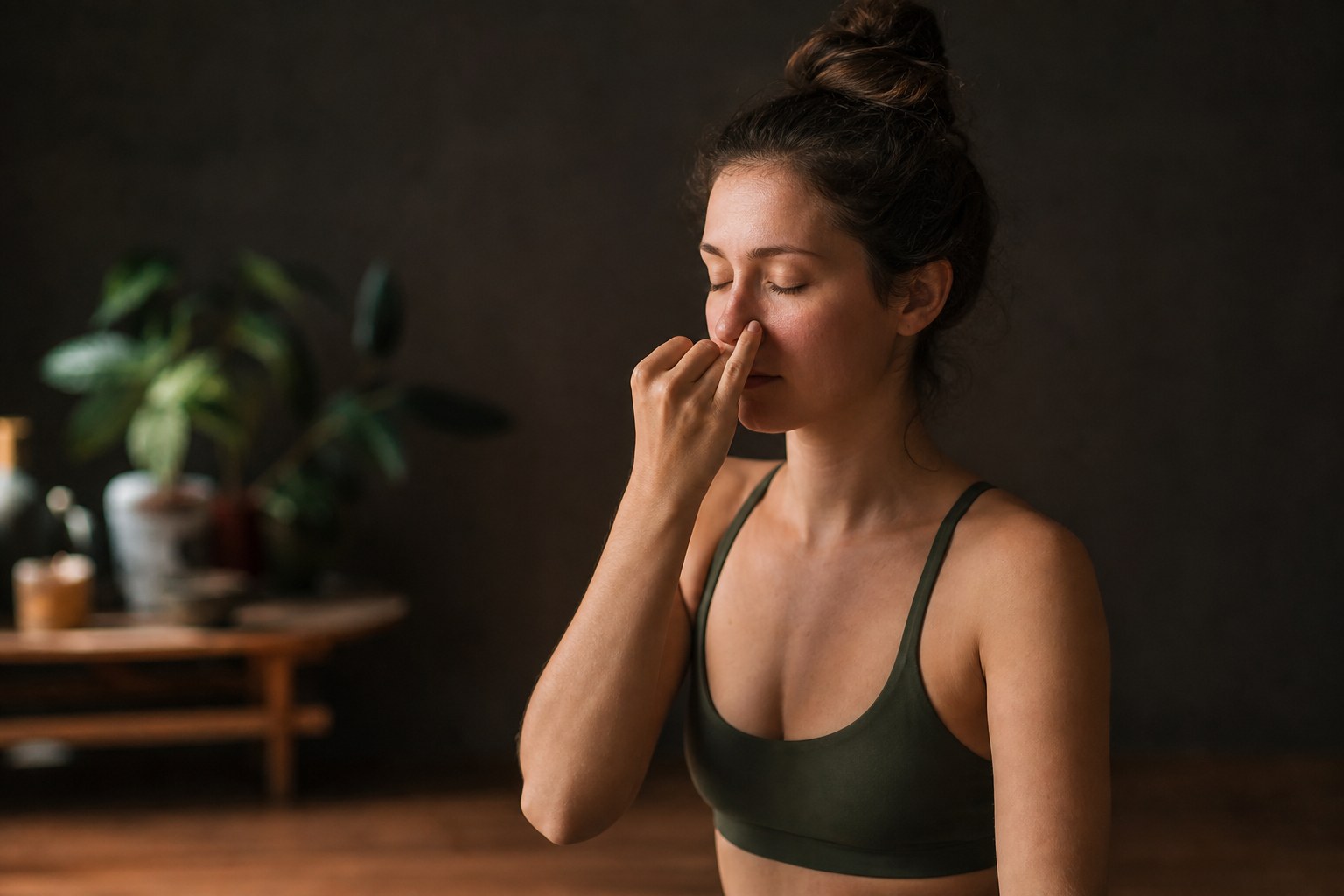 Pessoa sentada com os olhos fechados, usando os dedos da mão direita para obstruir suavemente uma das narinas durante a prática respiratória.