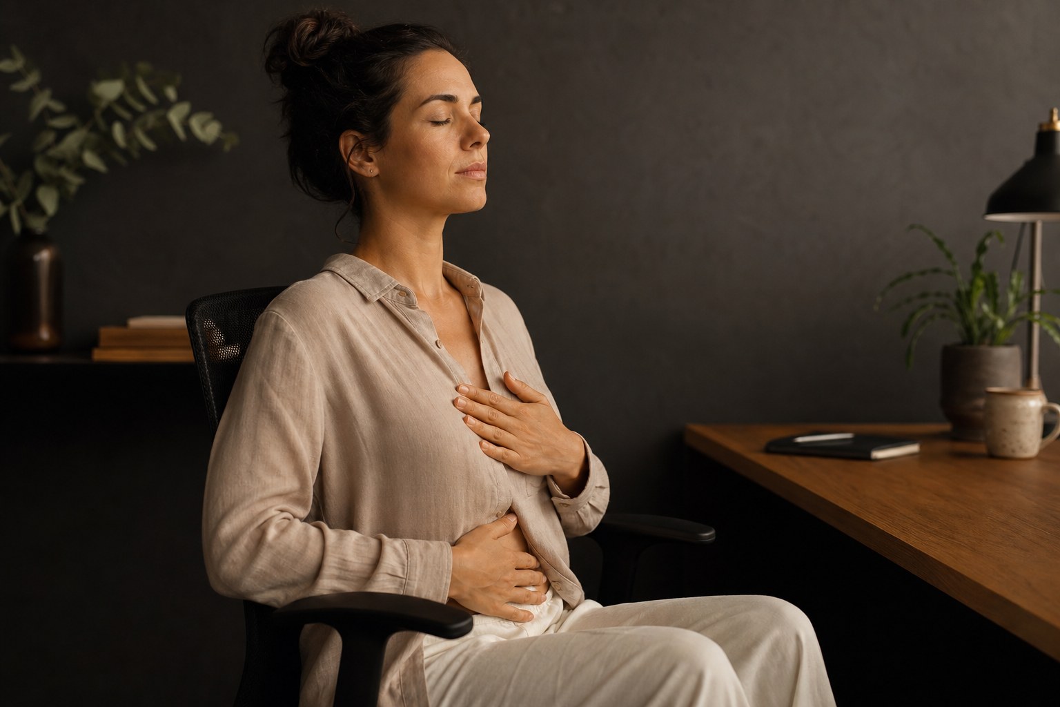 Mulher em roupas confortáveis sentada em uma cadeira de escritório, com os olhos fechados e as mãos repousadas sobre o abdômen, praticando respiração consciente.