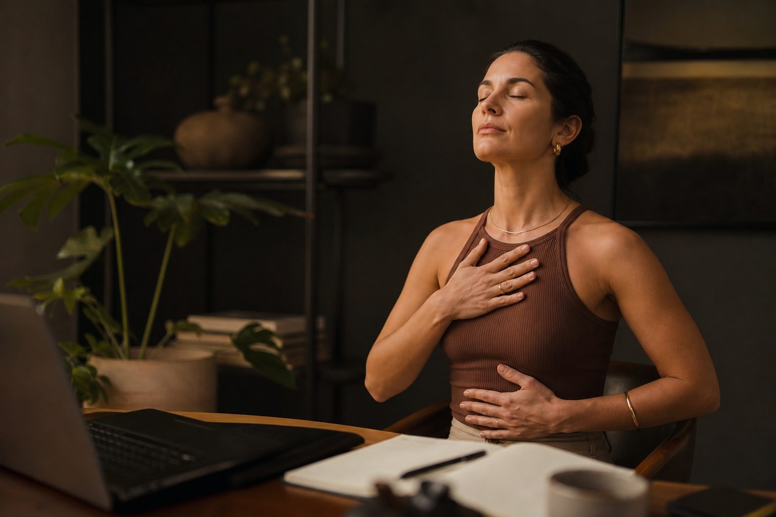 Mulher sentada em sua mesa de trabalho, de olhos fechados e postura ereta, fazendo uma pausa consciente para respirar.