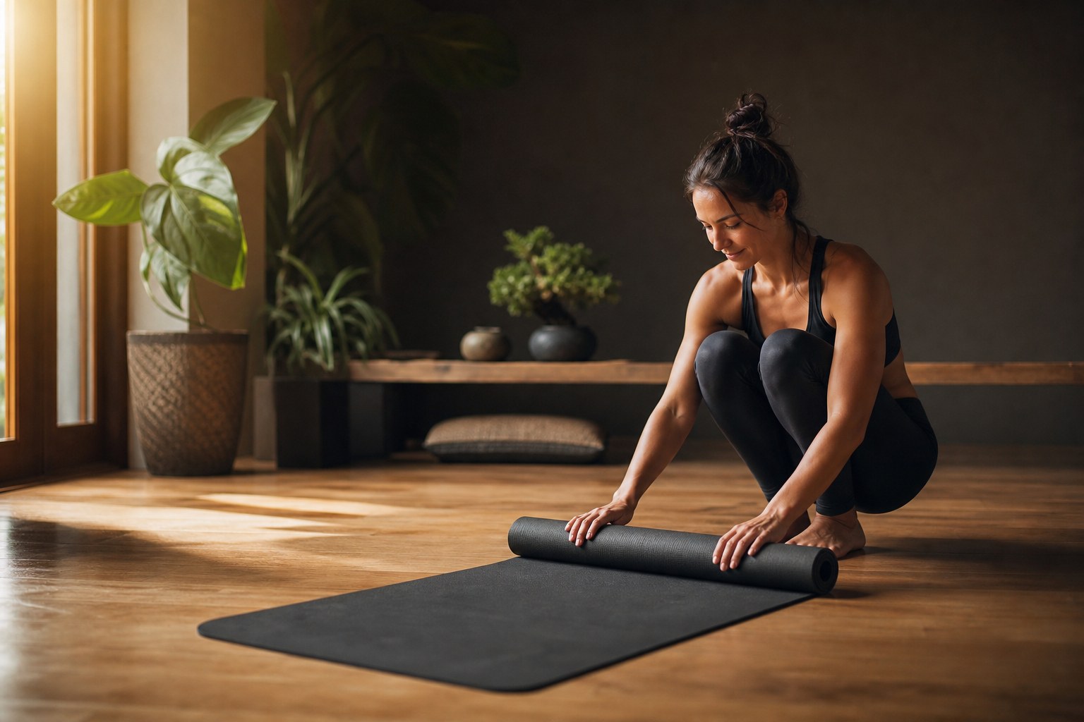 Pessoa desenrolando um tapete de yoga no chão da sala com luz matinal, transmitindo a ideia de rotina e consistência diária.