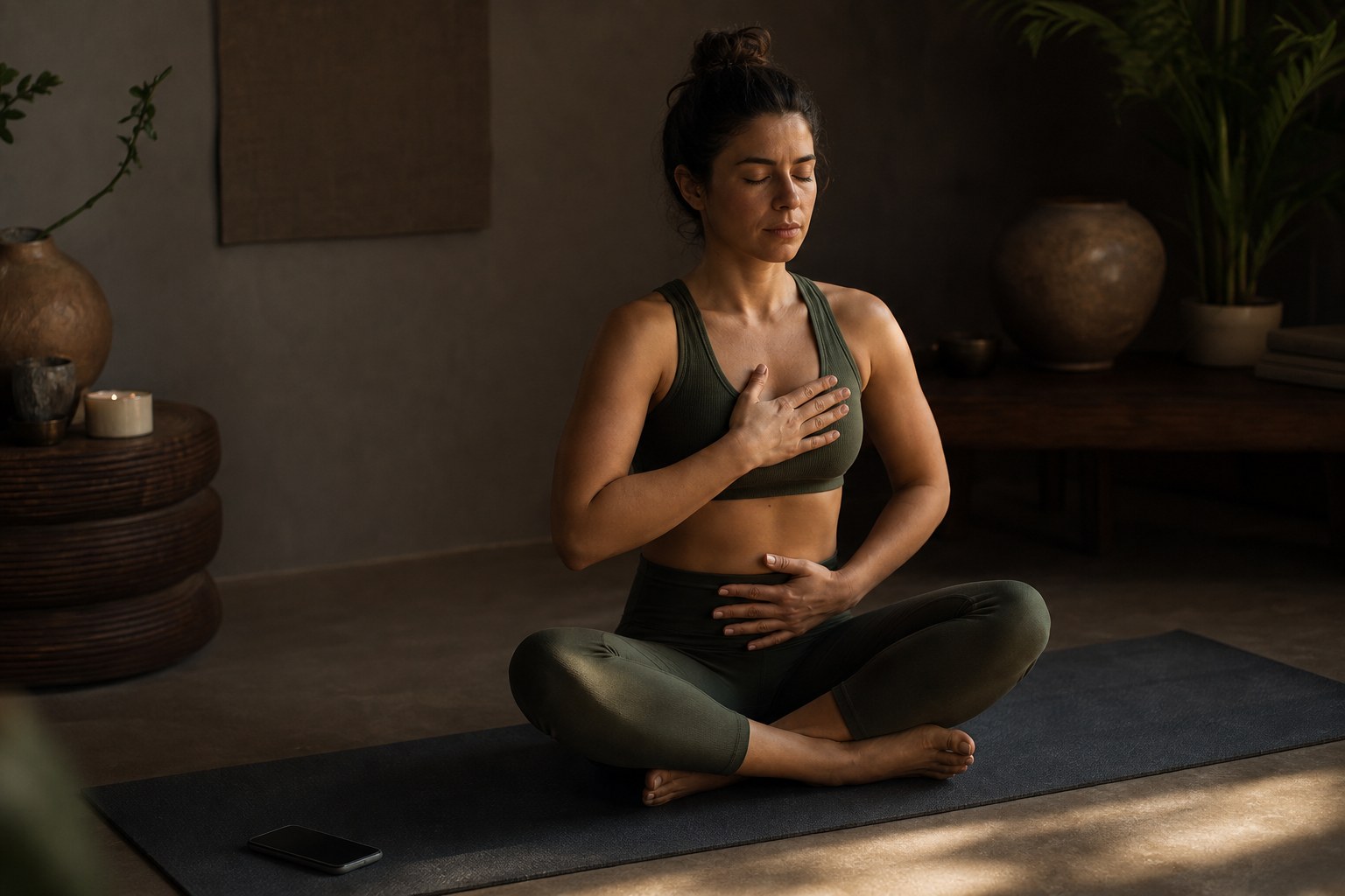 Pessoa em uma sala iluminada, sentada no tapete de yoga com expressão de foco, com o celular deixado de lado e com a tela apagada.