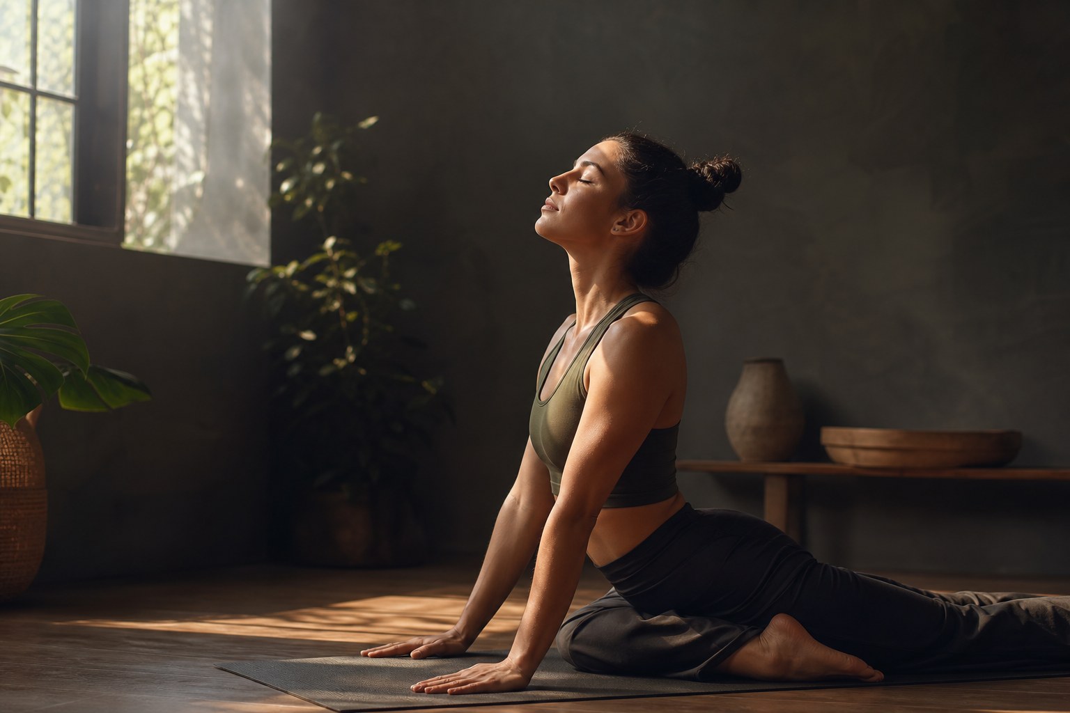 Mulher espreguiçando a coluna de forma suave pela manhã, com luz natural iluminando o ambiente.