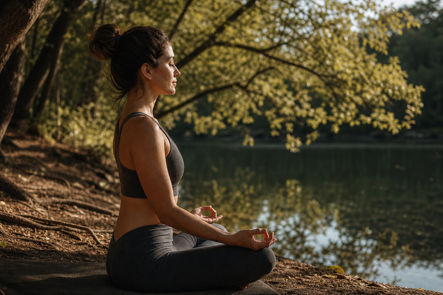 Pessoa meditando sentada à beira de uma lagoa tranquila cercada por árvores, refletindo foco e relaxamento.