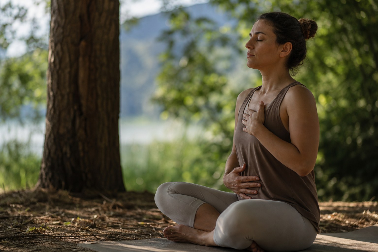 Pessoa praticando exercícios respiratórios ao ar livre, cercada por árvores, com expressão serena e focada.
