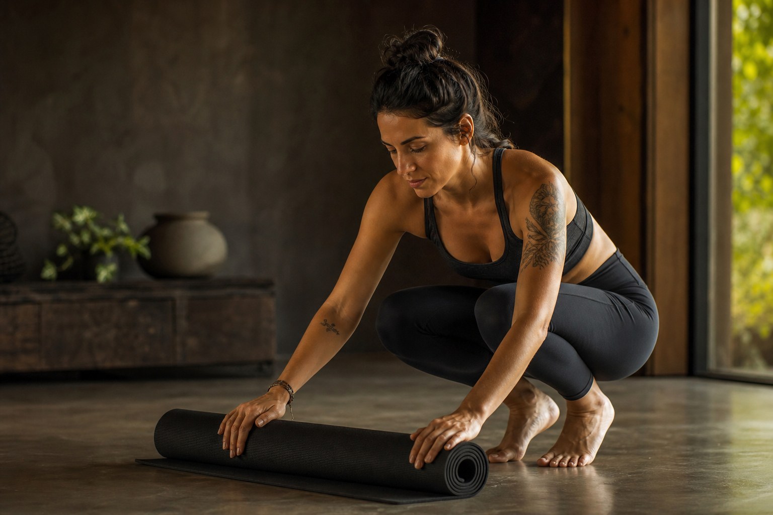 Pessoa desenrolando um tapete de yoga no chão da sala, preparando-se para a prática diária.