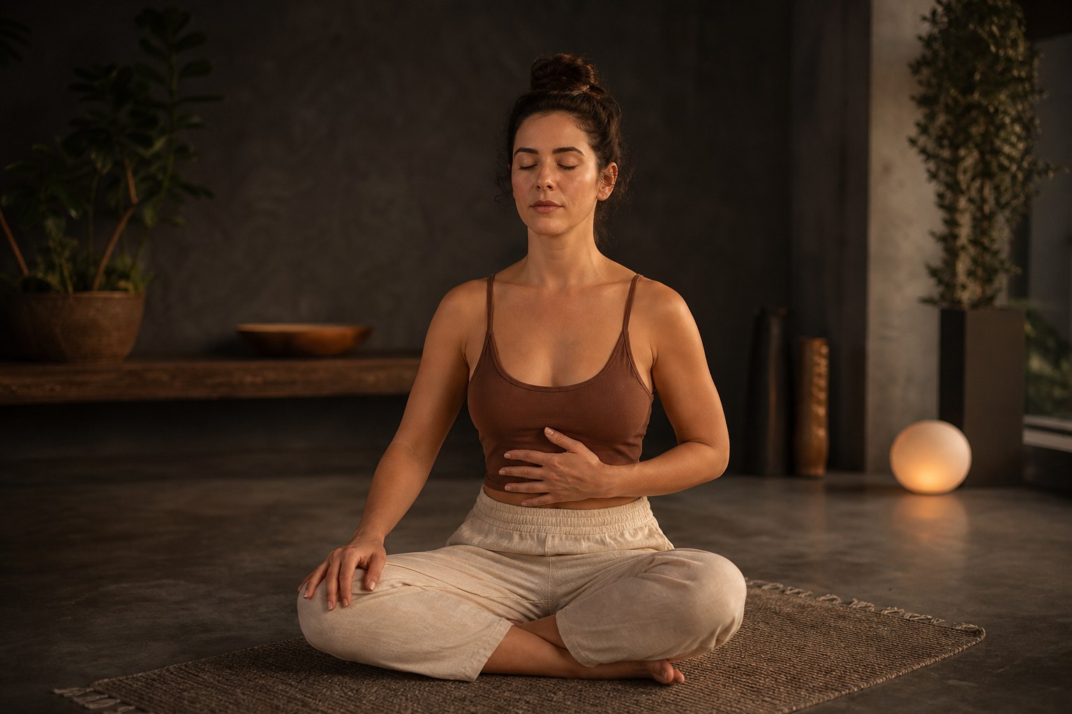 Pessoa sentada de forma confortável, com uma das mãos apoiada no abdômen, focada no ritmo da própria respiração em um ambiente calmo.
