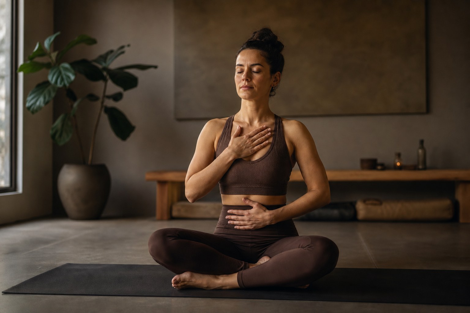 Mulher em roupa de treino sentada com postura ereta, com uma mão no abdômen e outra no peito, focada na mecânica respiratória em um ambiente iluminado.