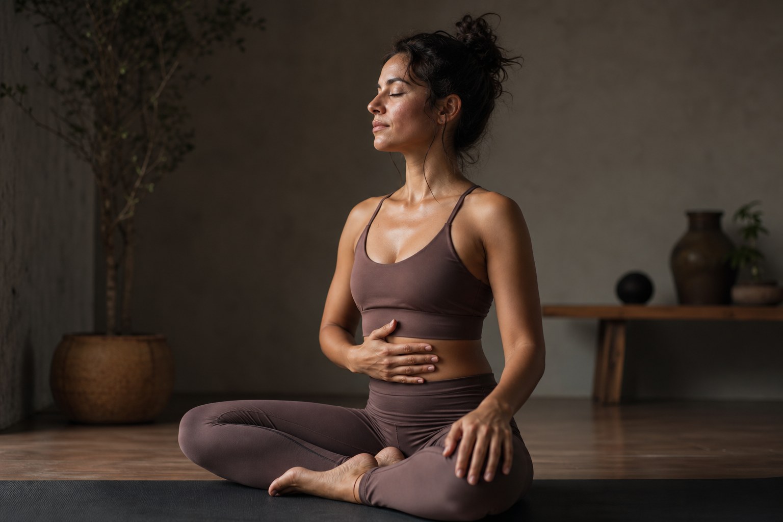 Pessoa sentada com a postura ereta e uma das mãos repousando sobre o abdômen para sentir a mecânica respiratória, em um ambiente claro e focado.