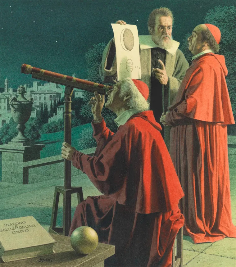 Galileu mostrando as observações do telescópio a cardeais, com o livro Dialogo di Galileo Galilei em primeiro plano