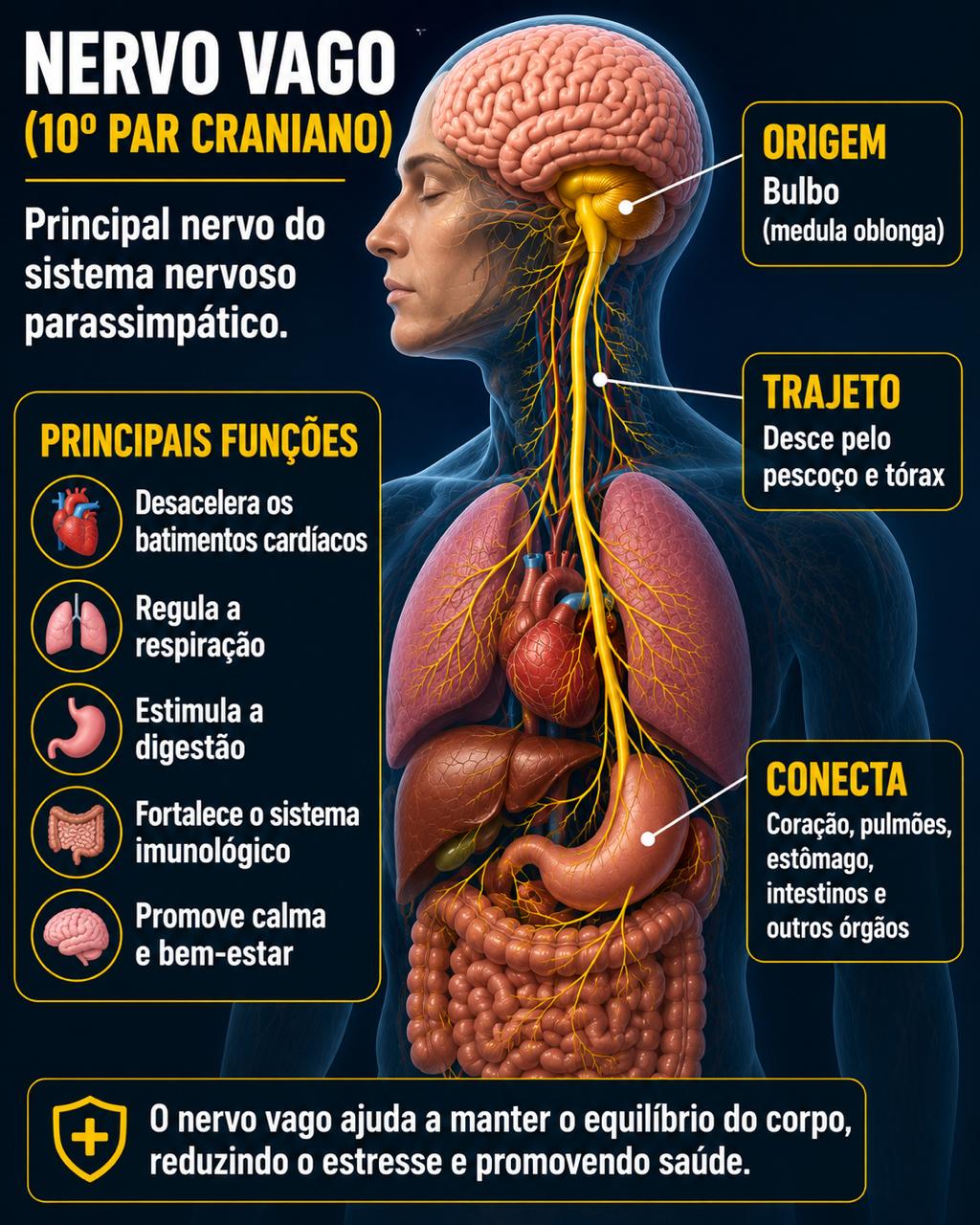 Infográfico do nervo vago, décimo par craniano: origem, trajeto e funções