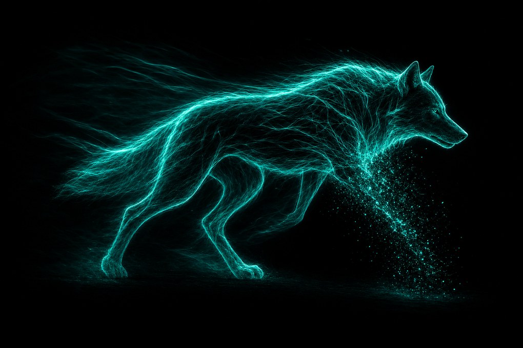 Silhueta de um lobo em tons de teal sobre fundo preto, com uma das patas dissolvida em partículas de luz e o restante do corpo reorganizado em linhas contínuas, representando um sistema que se reconfigura depois do dano