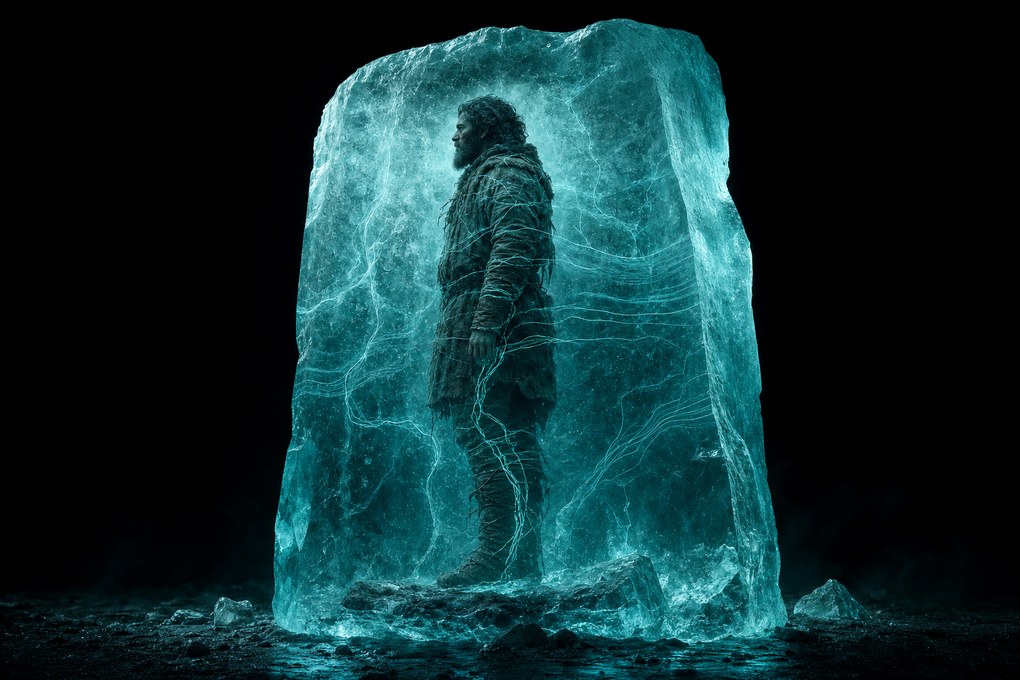 Homem barbado com roupas de pele preso em pé dentro de um bloco de gelo translúcido em tons de teal sobre fundo preto, com finas linhas de luz atravessando o corpo como registros gravados