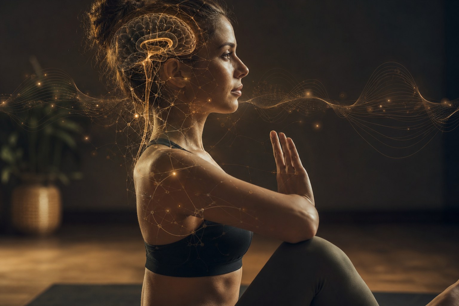 Pessoa em perfil com expressão focada, sobreposição de elementos gráficos sutis simulando sinapses e ondas cerebrais, representando o processamento cognitivo.