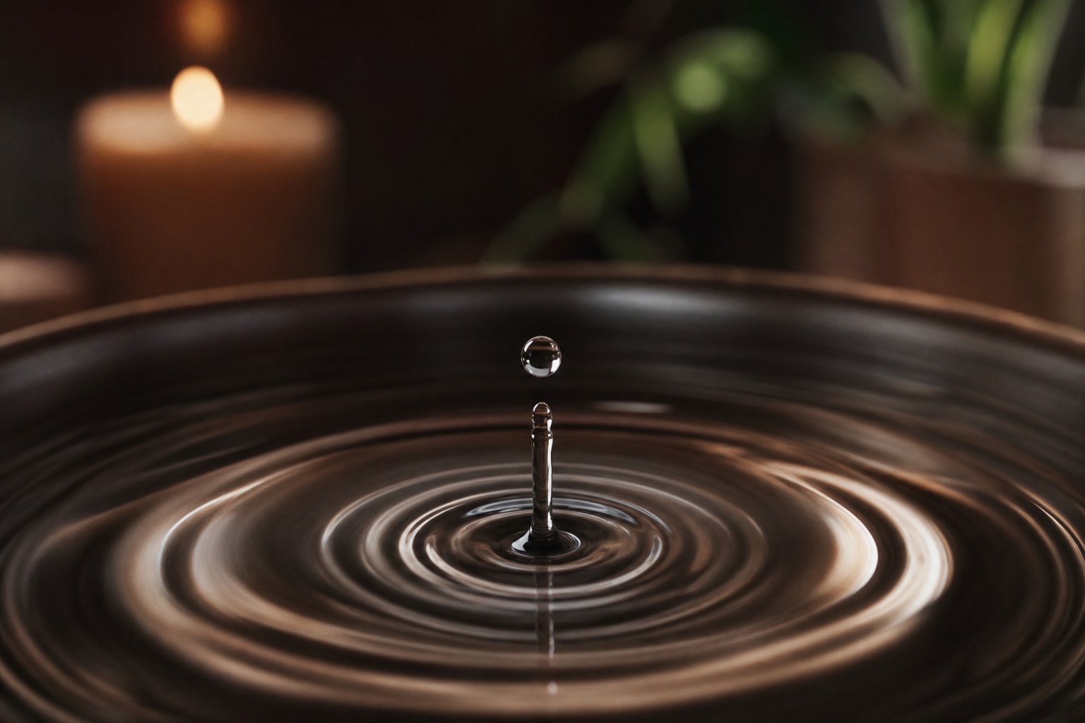 Fotografia em macro de uma gota de água caindo em uma superfície líquida, criando ondas circulares e simétricas.