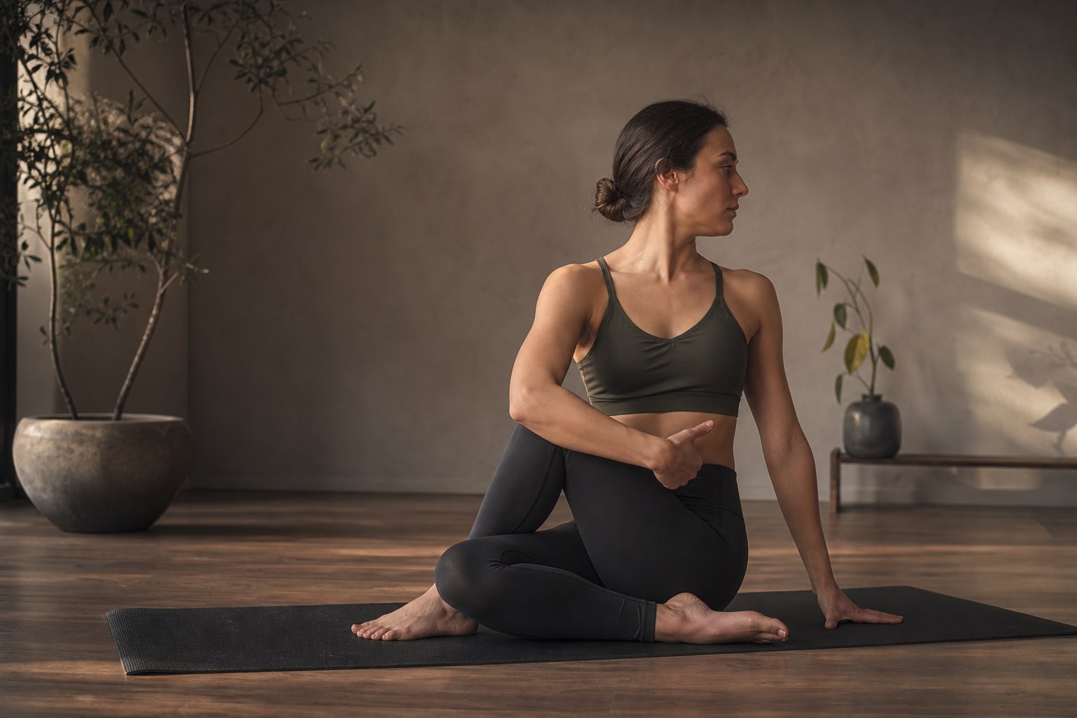 Pessoa praticando yoga em um ambiente claro e focado, representando a biomecânica e o treinamento físico consciente, sem misticismo.