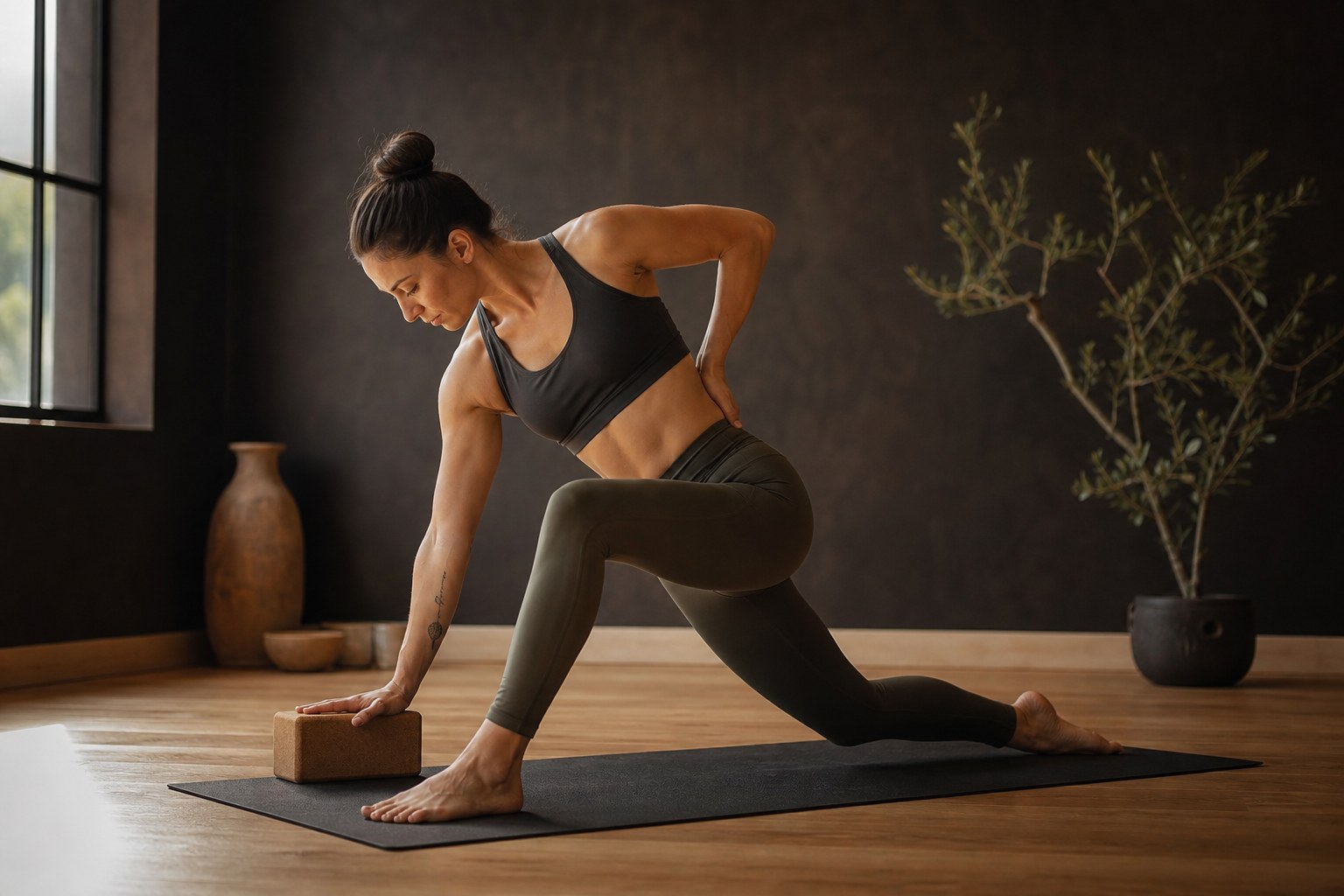 Praticante de yoga ajustando a postura com foco biomecânico em um estúdio bem iluminado.