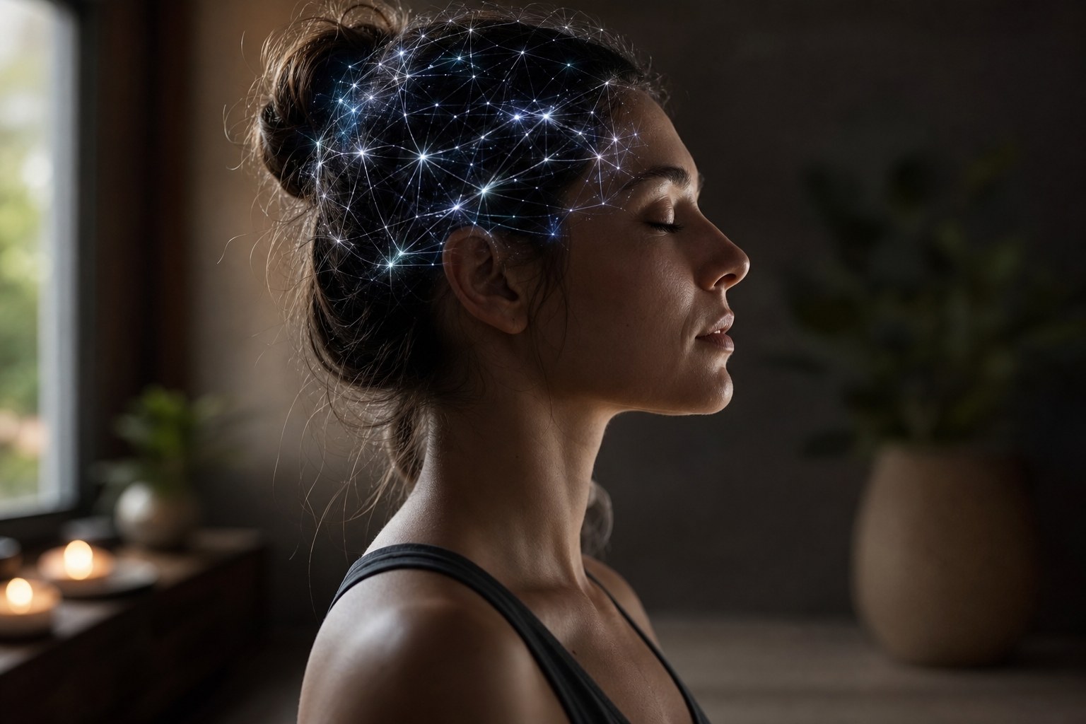 Pessoa em perfil com gráficos sutis de redes neurais sobrepostos à cabeça, representando a atividade cerebral real e mensurável.
