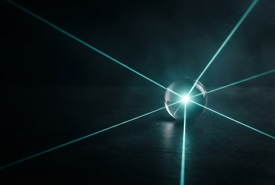 Vários feixes finos de luz azul esverdeada vindos de direções diferentes convergindo em um único ponto luminoso dentro de uma esfera de vidro, sobre fundo preto