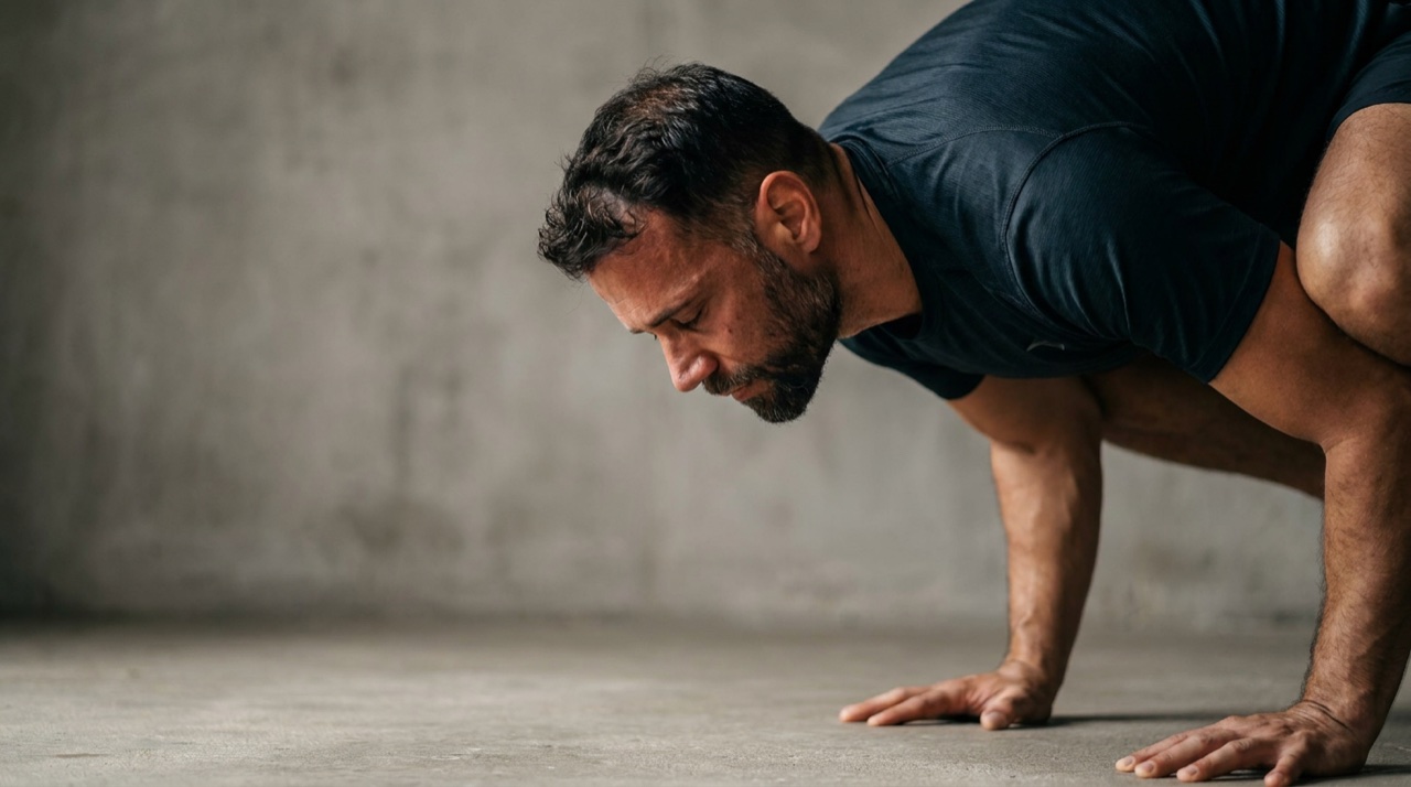 Um homem em postura de Yoga com foco mental evidente, ambiente neutro