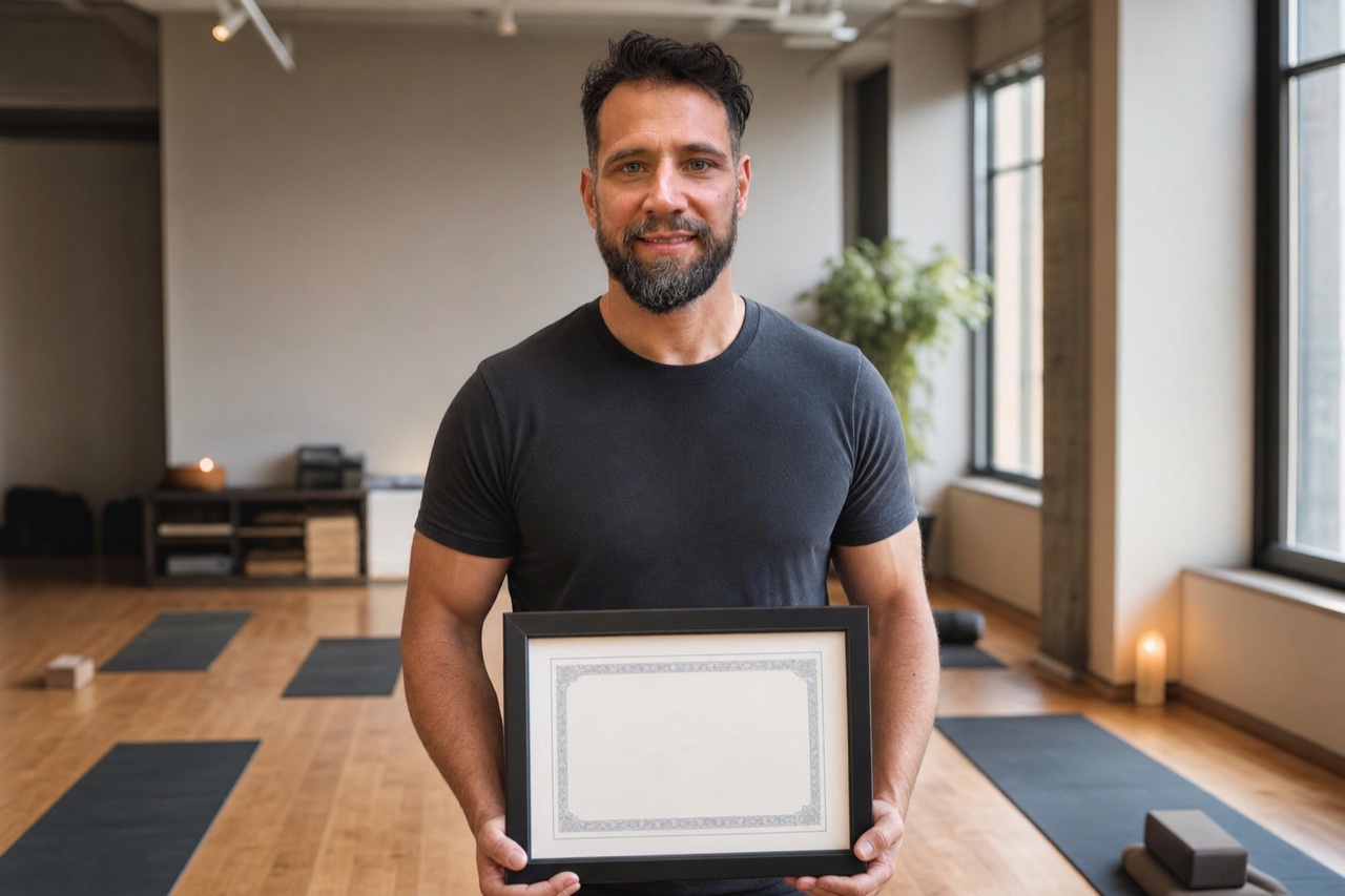 Um homem segurando um certificado emoldurado, em pe num estudio de Yoga com tapetes ao fundo, expressao serena de realizacao
