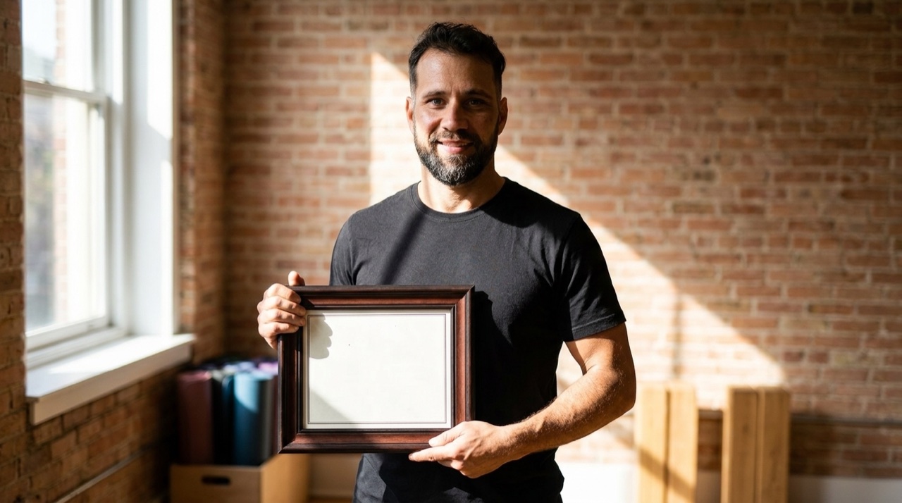 Um homem segurando um certificado emoldurado num estudio de Yoga, expressao de conquista