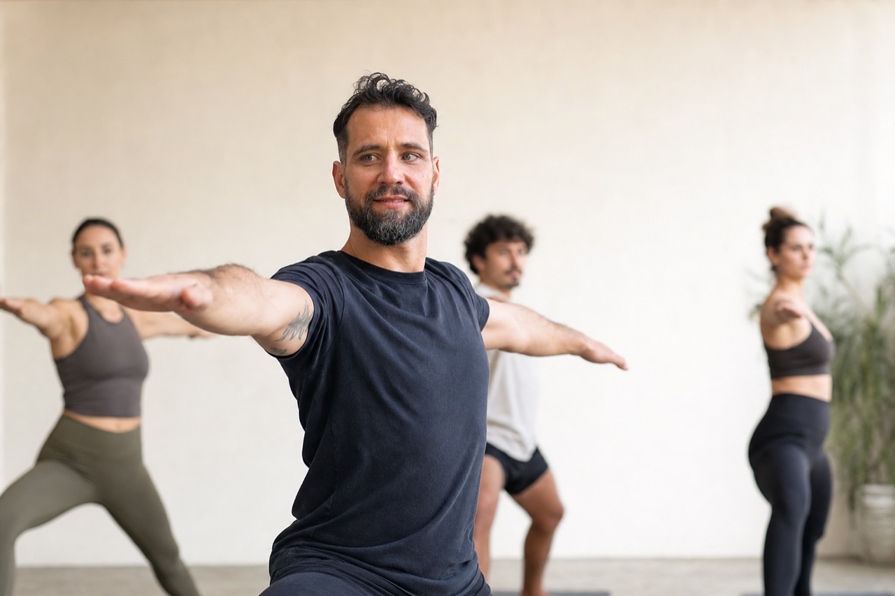 Um professor de Yoga ensinando uma turma, em pe demonstrando uma postura, alunos praticando