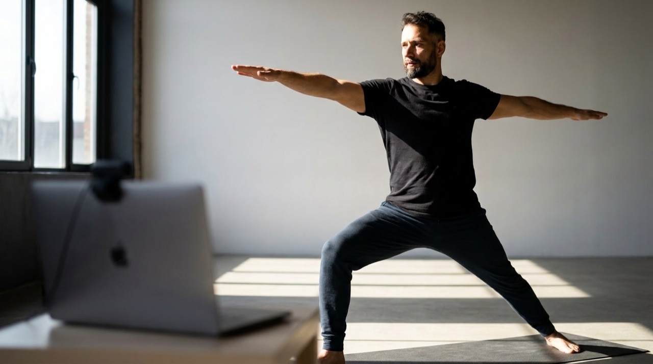 Um professor de Yoga demonstrando uma postura para uma camera/laptop num estudio, aula online