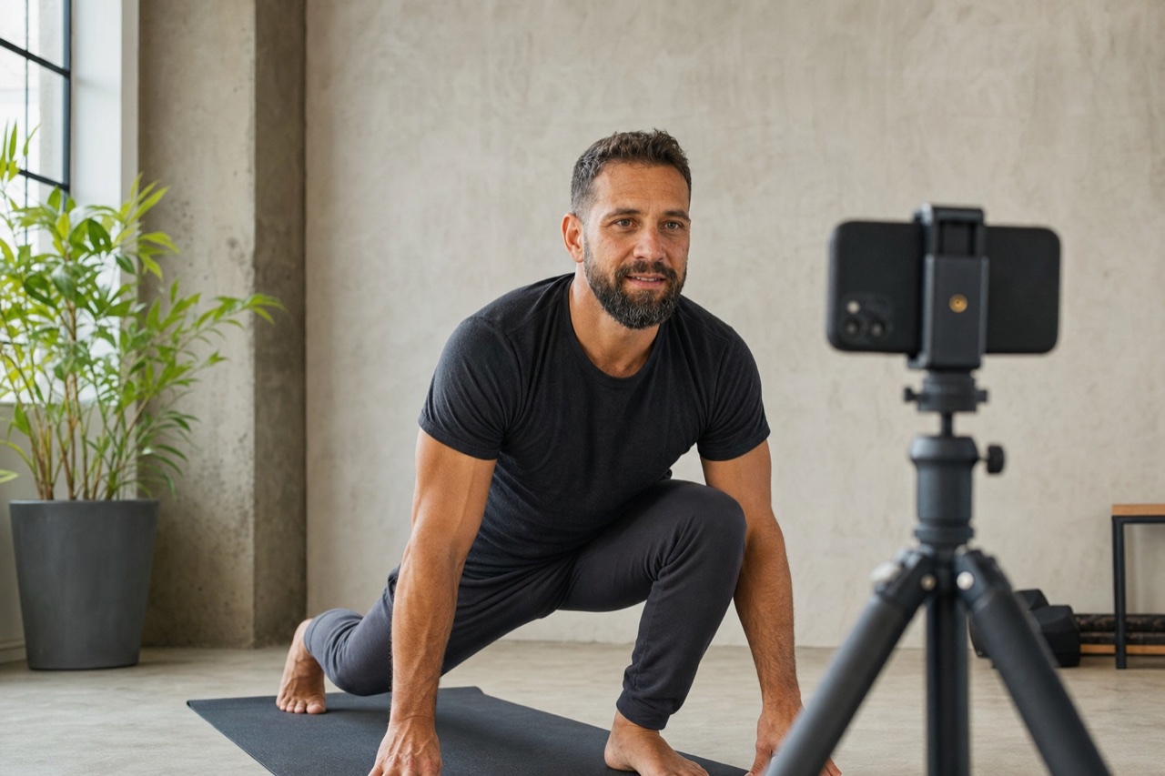 Um homem gravando a si mesmo praticando uma aula de Yoga com um celular em tripe, estudio claro