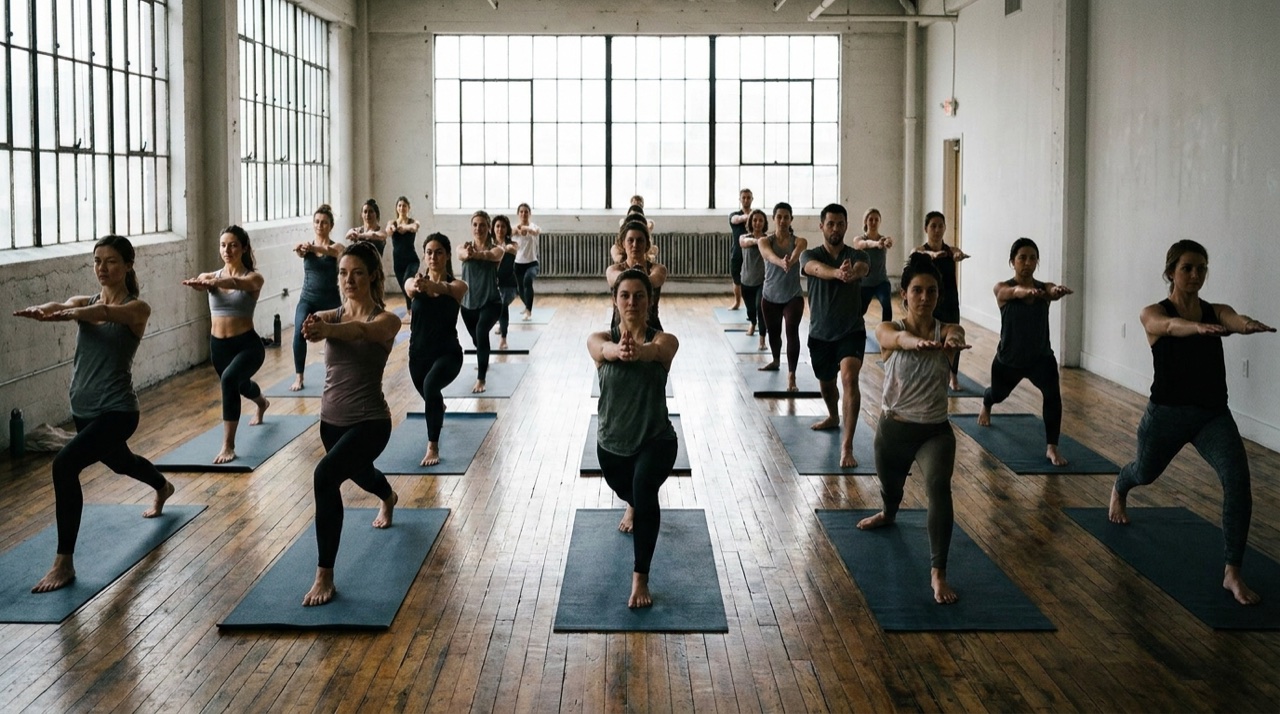 Uma turma cheia de alunos praticando Yoga em fileiras num estudio amplo e iluminado