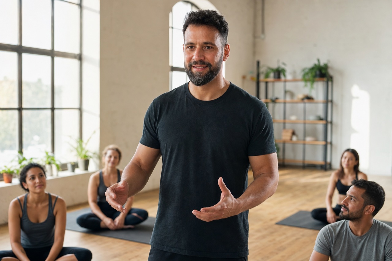 Um adulto conduzindo sua primeira turma de Yoga, ar de recomeco e proposito, estudio claro
