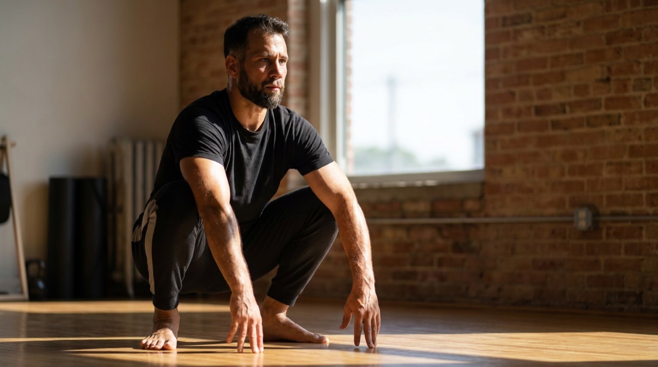 Um homem adulto realizando um agachamento profundo ou alongamento de mobilidade num estudio, demonstrando forca e longevidade do corpo