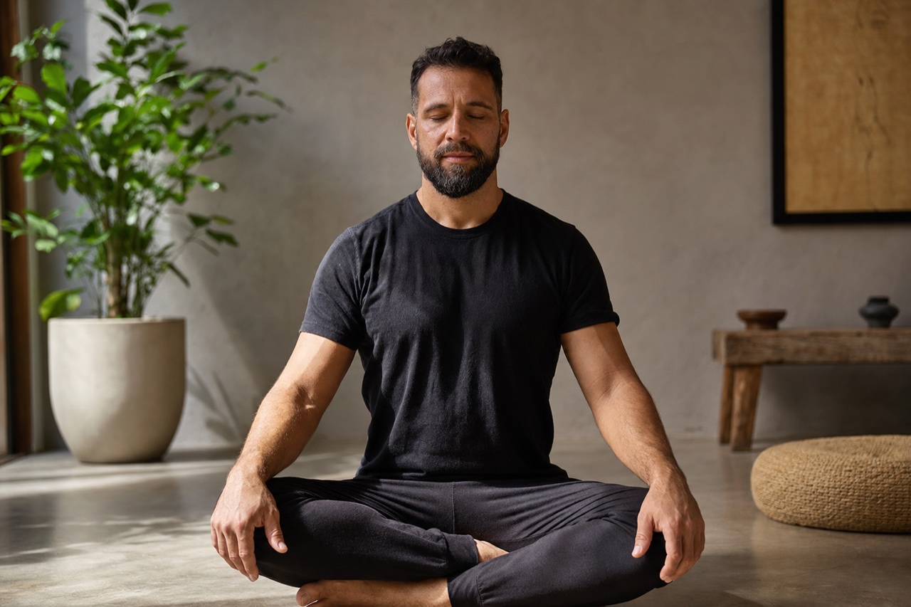 Um homem sentado em meditacao no chao, coluna ereta, ambiente sereno, transmitindo regulacao e calma
